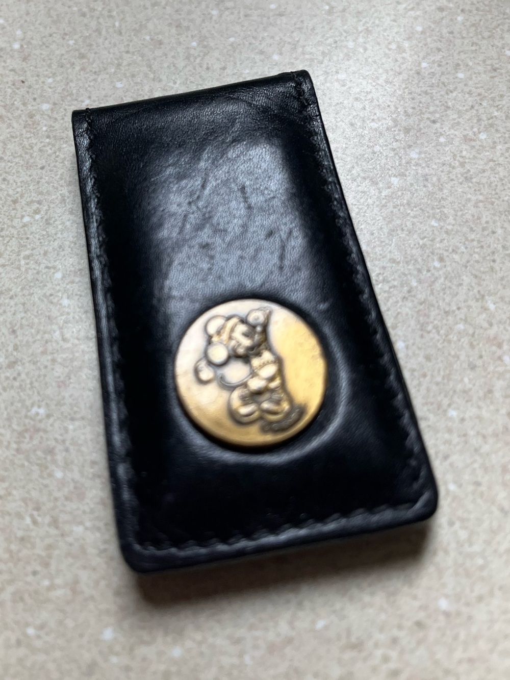 Black Leather Money Clip with Gold Tone Mickey Button